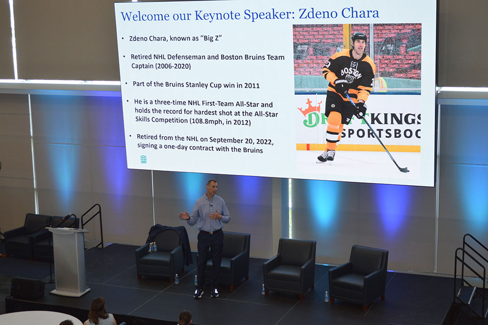 Zdeno Chara presents at the Mass General Brigham Athletic Training Conference
