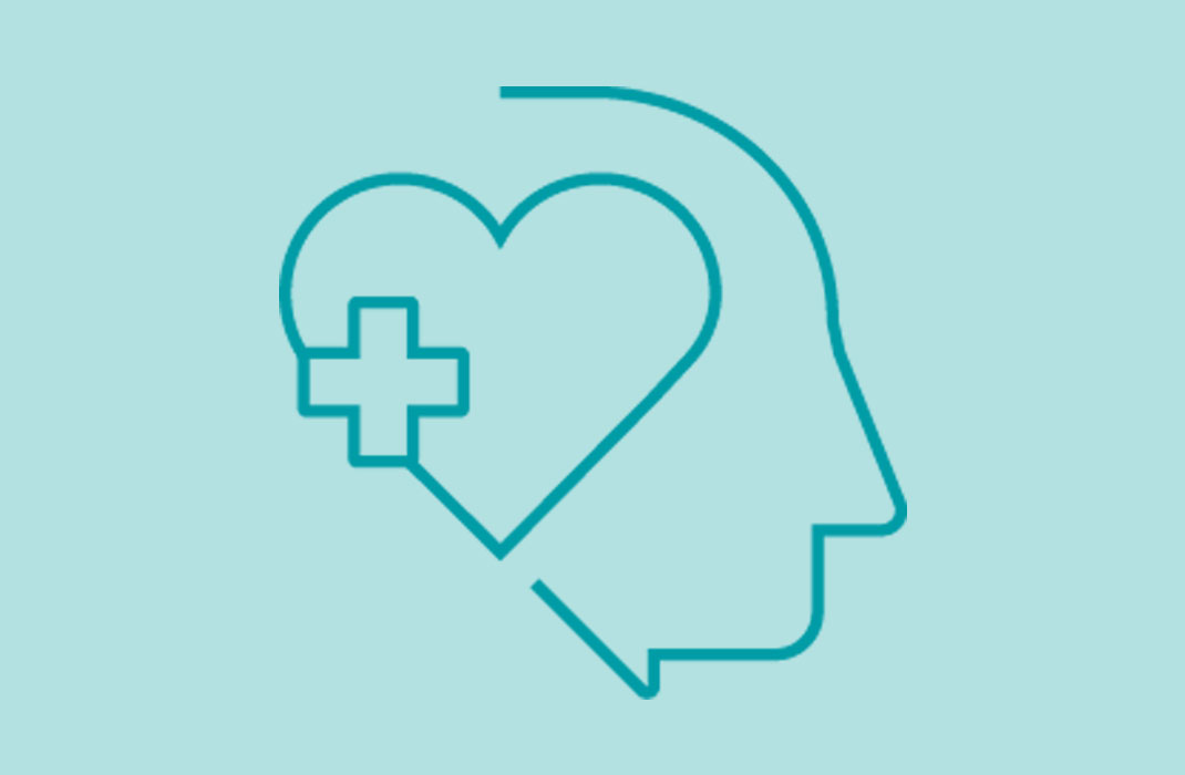 line illustration of a health care cross inside a heart that is overlaid on an outline of a face