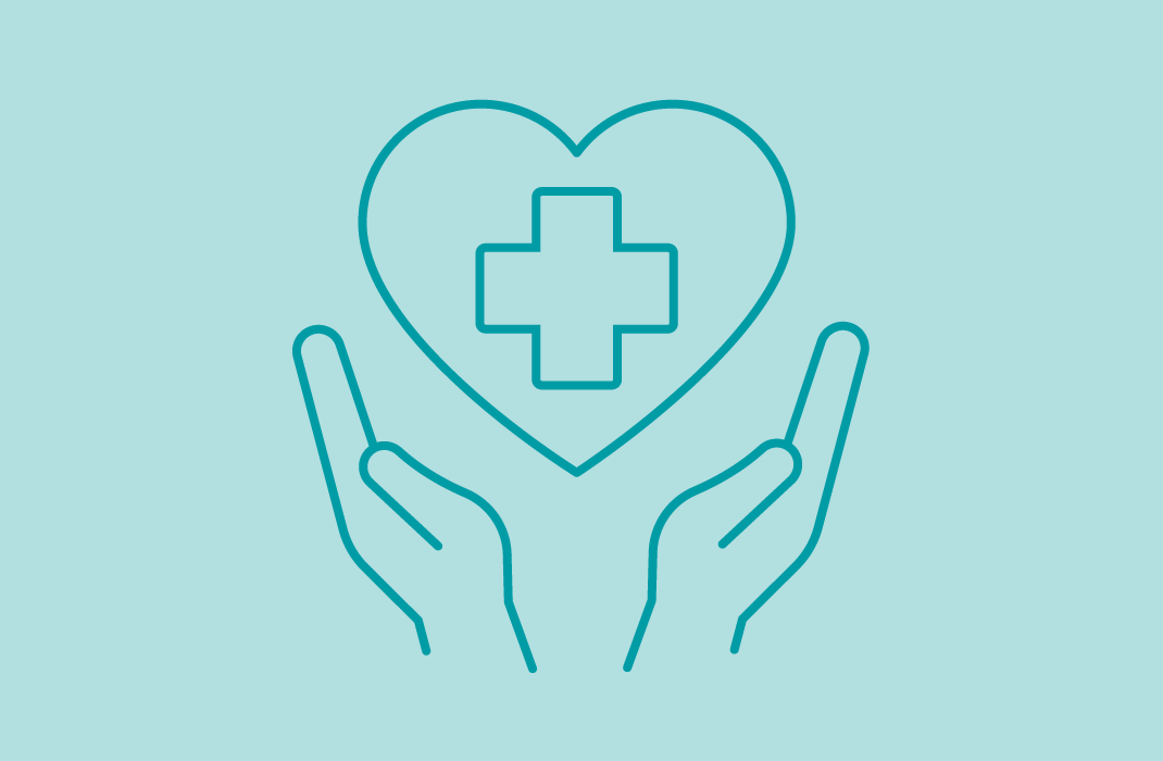 a line drawing of a heart with a medical symbol in the palm of someone's hands, symbolizing patient care